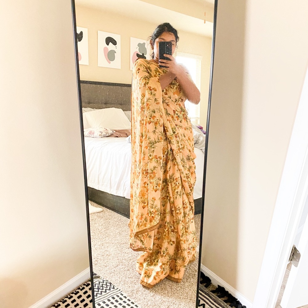 Poly Crepe Beautiful Peach Floral Saree